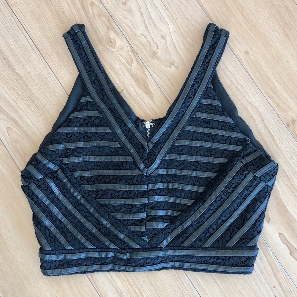 Lace & striped faux leather crop top with zipper